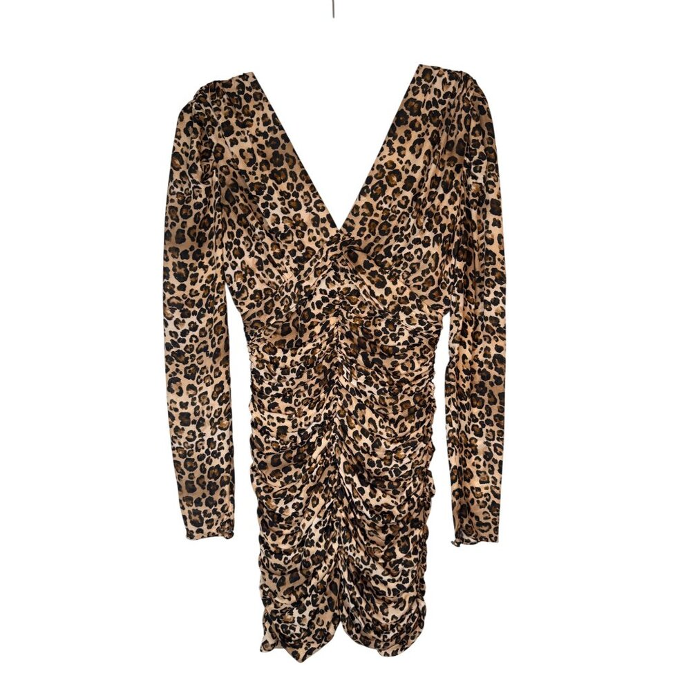 Nicholas Leopard Print Size 2 100% Silk Ruched Mini Dress V-Neck